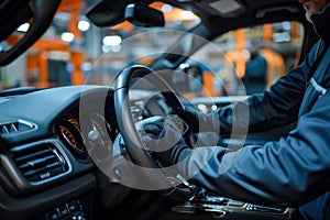 a hand holding a car steering wheel for final inspection