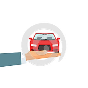 Hand holding car vector, concept of automobile care, insurance for auto, rental service giving car