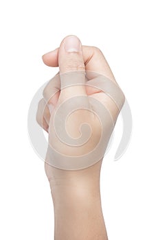 Hand holding card isolated on white