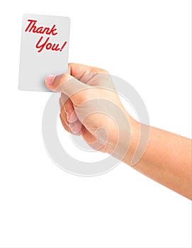 Hand holding card with the word thank you