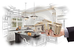 Hand Holding Cash Over Kitchen Design Drawing and Photo Combination