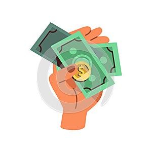 Hand holding cash, paying with money, finance. Currency, banknotes, dollar coin on palm. Financial concept, bank notes