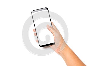 Hand holding cell phone blank on white screen