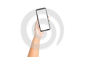 Hand holding cell phone blank on white screen and white background