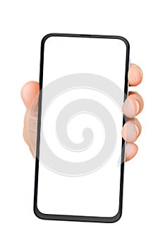 Hand holding cellphone with empty screen isolated on white