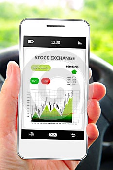 Hand holding cellphone with stock exchange screen