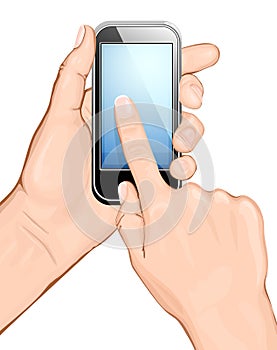 Hand holding cellular phone and touching the scree