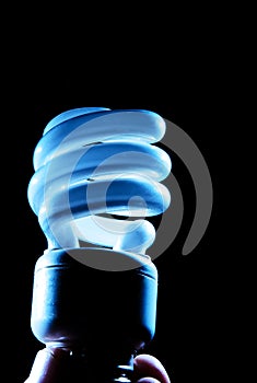 Hand holding cfl blue light-bulb lamp