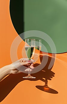 Hand holding a champagne glass next to a mirror.