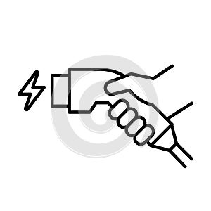 Hand holding charger connector icon, Electric car charging plug sign, Vector illustration.
