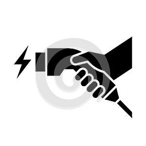 Hand holding charger connector icon, Electric car charging plug sign, Vector illustration.