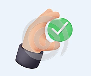 Hand holding checkmark symbol 3D vector. Checkmark right vector icon. Green checklist vector design. Checkmark icon