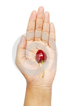 Hand holding cherry heart shape isolated clipping path