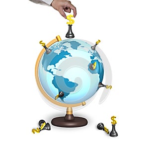 Hand holding chess with terrestrial globe