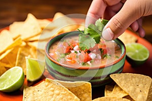 hand holding a chip with queso dip, refried beans, and pico de gallo