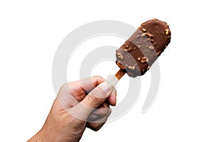 Hand holding Chocolate almonds Ice cream bar isolate on white background