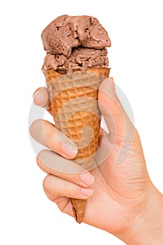 Hand holding chocolate ice cream cone isolated