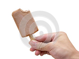 Hand holding chocolate icecream on white background