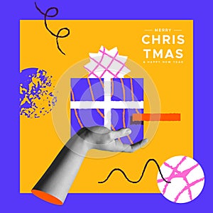 Hand holding christmas gift box in halftone collage retro style vector illustration