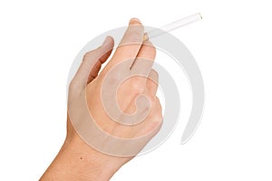 Hand, holding a cigarette on white background,