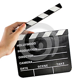 A hand holding a clapper board