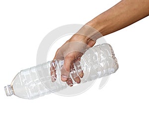 Hand holding clear bottle like a pouring water isolated on white