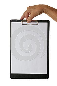 Hand holding clipboard with blank sheet of paper isolated on white background