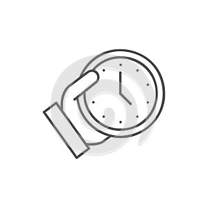 Hand holding clock, keep time, save the time lineal icon. Time management symbol design.