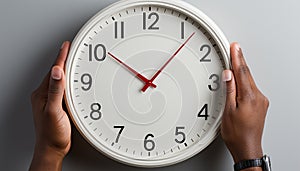 Hand holding clock, time ticking, deadline approaching, businessperson stressed generated by AI