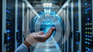 A hand holding a cloud in a computer server room