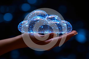 Hand holding cloud computing icon representing data storage, backup, and file management in network