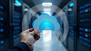 Hand Holding Cloud Icon in Server Room
