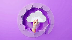 Hand Holding Cloud Through Torn Paper