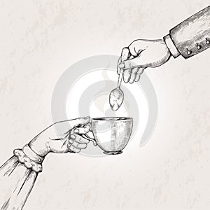 Hand holding coffee cup. Vintage tea mug. Man and woman arms with sleeves. Sketch drink. Retro teacup and spoon. Classic