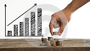 Hand holding coin with darw graph ,saving and cash concept