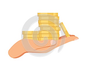 Hand holding coins on a logon, white background, concept of taking money and repaying debt, gold coins in hand