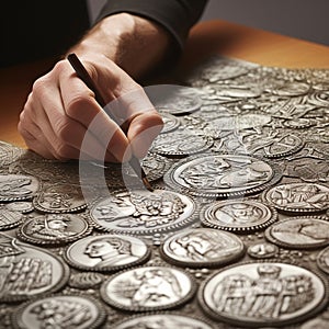 Hand holding collection of ancient coins representing diverse civilizations and eras