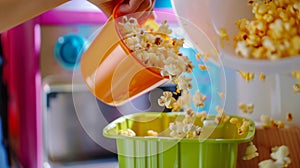 A hand holding a colorful bowl underneath the machine collecting the freshly popped popcorn that overflows from the photo