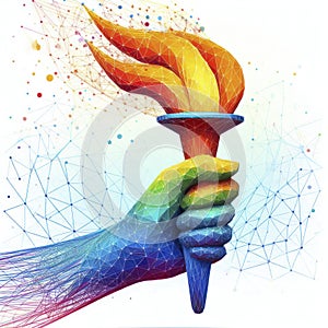 Hand holding colorful olympic torch flame form lines triangles background with copy space. ai generative
