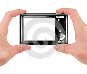 Hand holding a compact digital camera