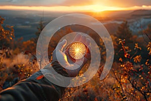 Hand holding a compass against a sunrise backdrop, symbolizing the search for life\'s meaning.