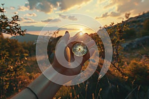 Hand holding a compass against a sunrise backdrop, symbolizing the search for life\'s meaning.