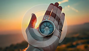 Hand holding a compass pointing to the right