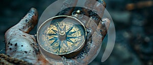 Hand holding a compass rose symbolizing navigation