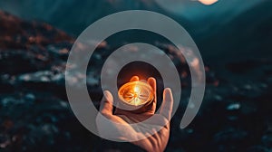 A hand holding a compass in the wilderness.