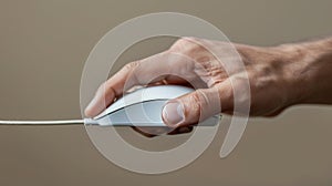 A hand holding a computer mouse with its cord attached, AI