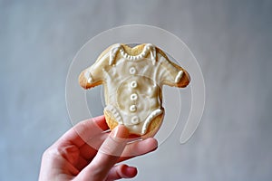 hand holding a cookie shaped like a baby onesie