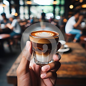 Hand holding a cortado, blurred cafe environment. AI generated. photo