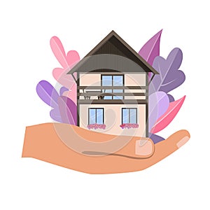 Hand holding cosy home house in palm. Vector illustration. Modern flat leaves backgropund, dream home concept