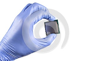 Hand holding a CPU in isolated white blackground